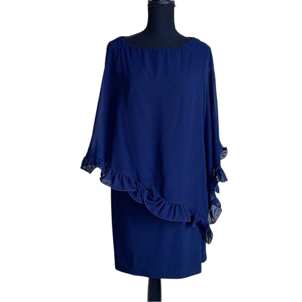 Xscape Blue Chiffon Cape Sheath Dress Women’s 12